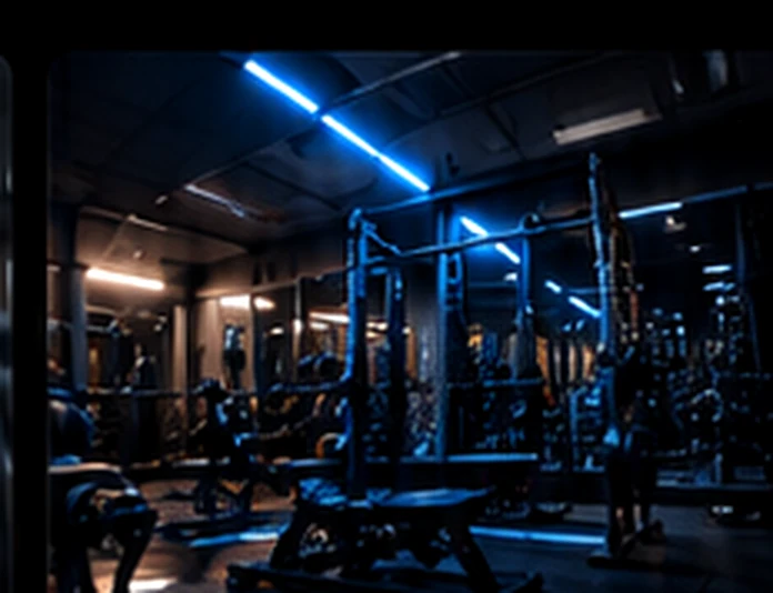 Ginásio e área de treino com iluminação azul
